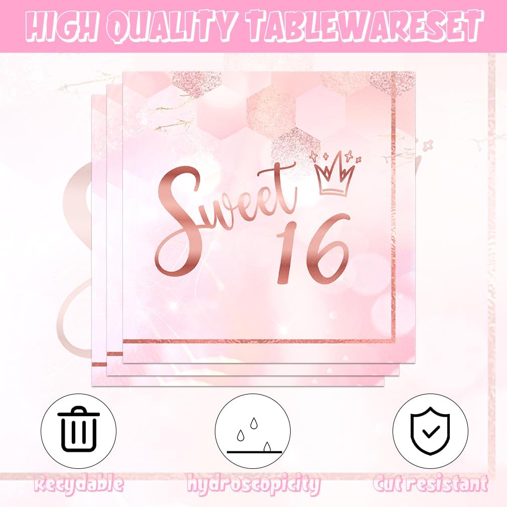 141pcs Sweet 16 Party Decorations,Sweet 16 Party Disposable Tableware set Includes Dinner Plate Dessert Plate Paper Napkin Cup Knife Fork Straws Tablecloth Pink Rose Gold 16 Supplies set