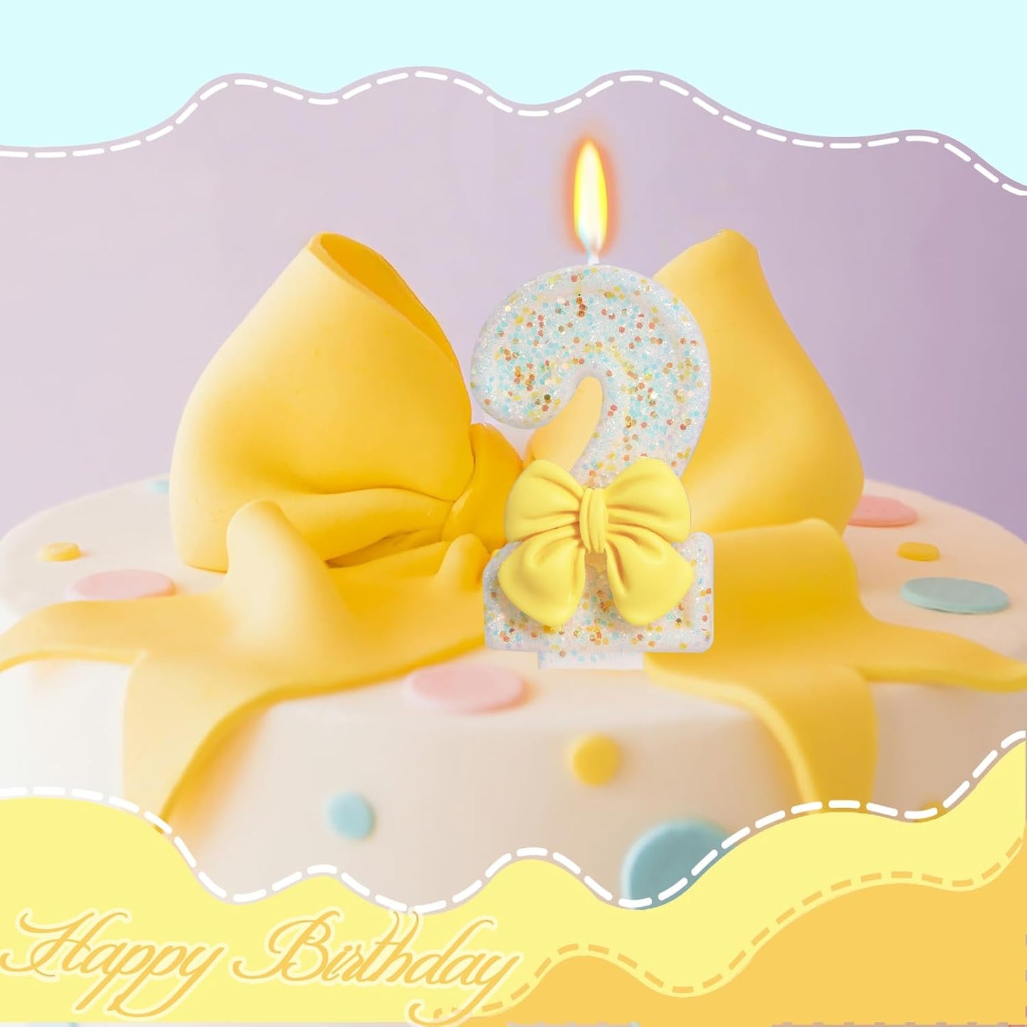 Birthday Candle for Cake, Yellow Bow Cake Candles, Cake Topper Decoration for Birthday Party (Number 2)