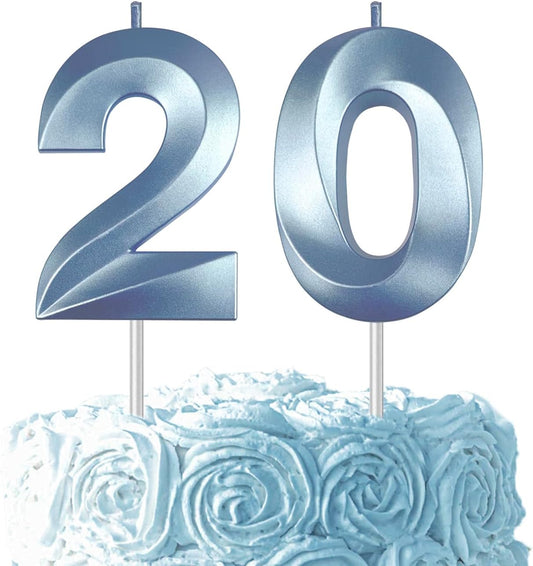 Blue Number 20 Candles, 3D Diamond 2.76 Inch Cake Topper Birthday Candles for Wedding Anniversary Cake Decorations, Happy Birthday Party Decorations