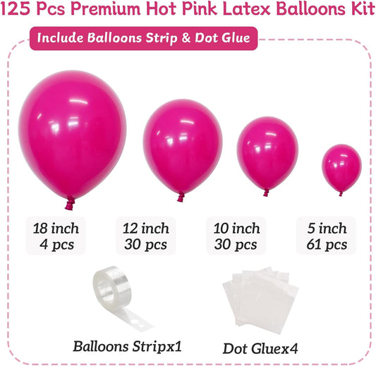 Hot Pink Balloons 125 PCS Different Sizes of 18 12 10 5 Inch Magenta Fuchsia Dark Pink Balloon Arch Kit Garland for Birthday Party Baby Shower Bridal Shower Valentine's Day