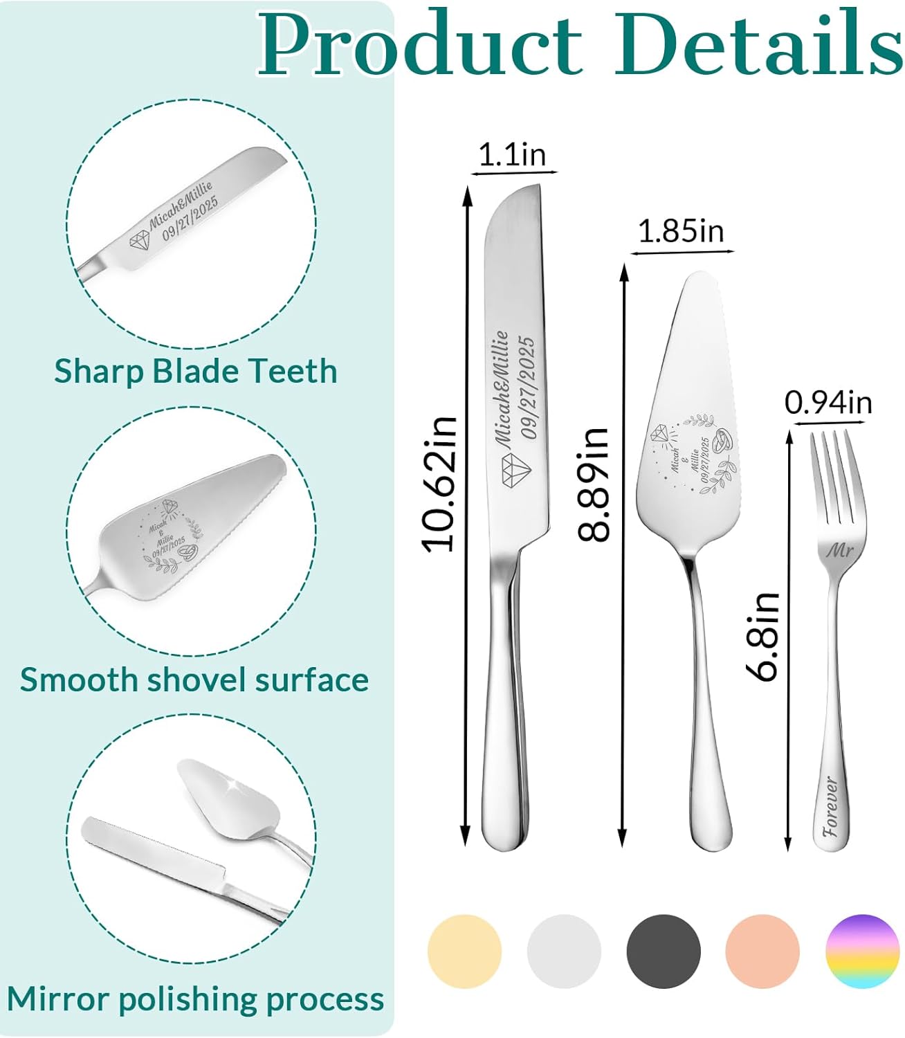 HJX Personalized Wedding Cake Knife and Server Set, Custom Names Cake Cutting Set, Customized Knife and Cake Server Set Gift for Bridal Anniversary Birthday Wedding Registry (Silver)