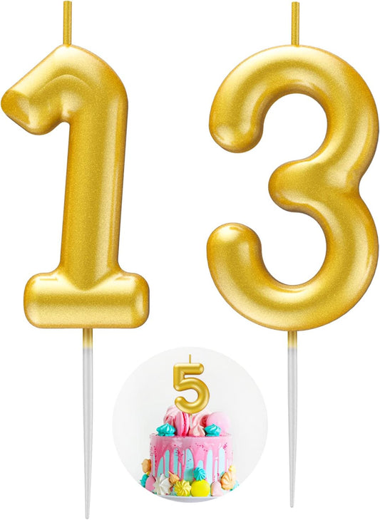 Gold Number 13 Candle Happy Birthday 3D Number Candles for Birthday Cake Party Decoration Wedding Anniversary Celebration Supplies