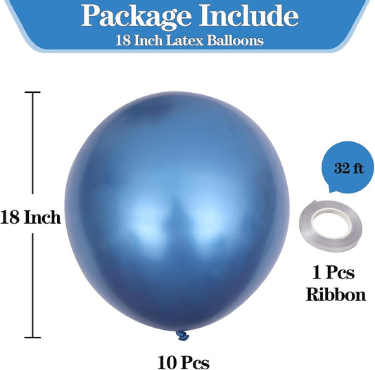 10pcs 18 inch Metallic Blue Balloons, Thick Latex Chrome Helium Balloons for Birthday Family Party Wedding Party Baby Shower Decoration Supplies
