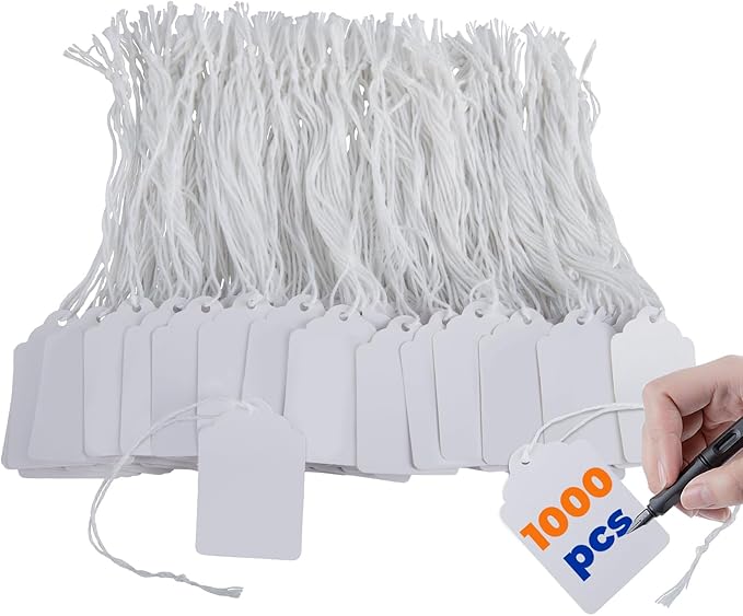 Price Tags with Strings Attached, 1000pcs Marking White Merchandise Hang Tags Labels for Goods Gifts Jewelry Clothing Garage Yard Rummage Sale Supplies 1 3/8" x 2 1/8"