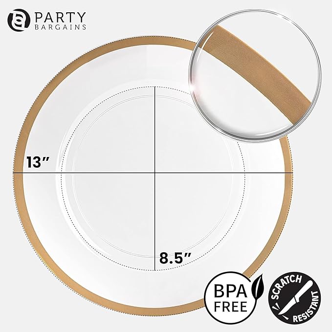 PARTY BARGAINS 13-Inch Charger Plates - 8 Pack, Clear Gold Rim, Heavy-Duty Disposable Chargers for Elegant Dining - Ideal for Weddings and Formal Events