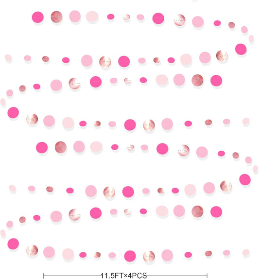Hot Pink Rose Gold Party Decorations Circle Dots Garland Hanging Polka Dot Streamer for Girls Birthday Bachelorette Baby Shower Wedding Bridal Shower Anniversary Hen Party Supplies