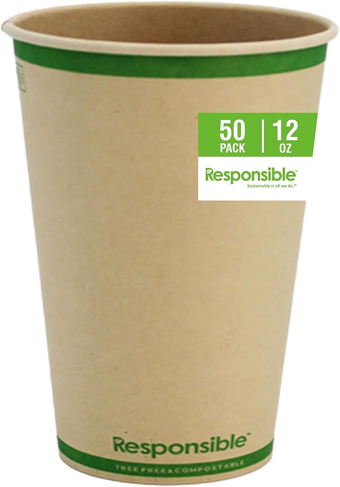 Responsible Products Certified Compostable 12 oz Paper Cups, Cold ＆ Hot Coffee Cups, Disposable Paper Cups, Extra Strength Disposable Cups, Made without PFAS (50 count)