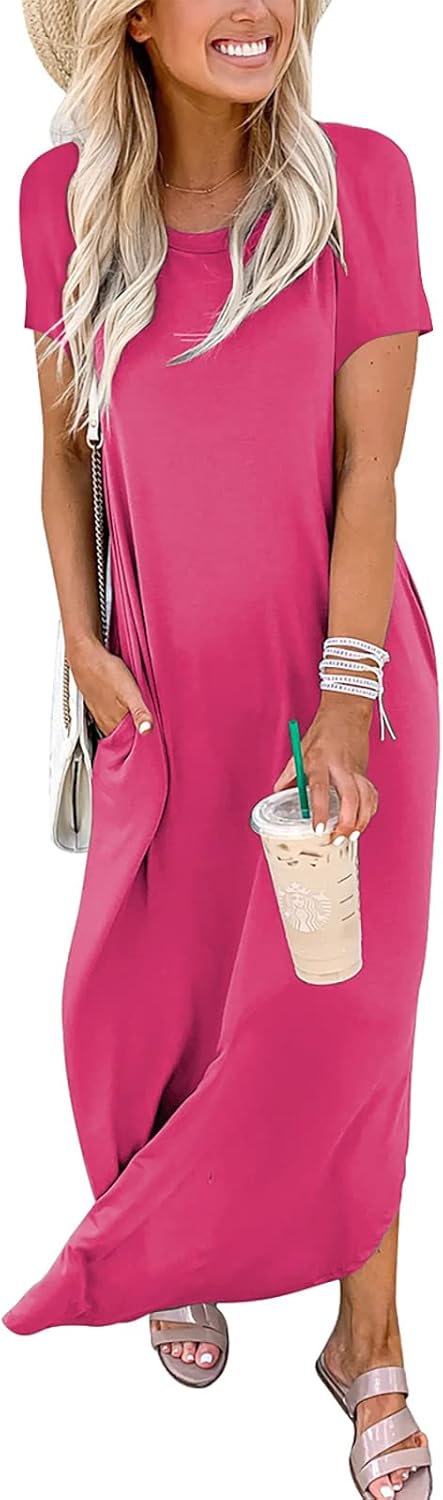 ANRABESS Womens Summer Maxi Dress Short Sleeve Casual Loose Long T Shirt Dresses Split Vacation Beach Sundress Travel Outfits