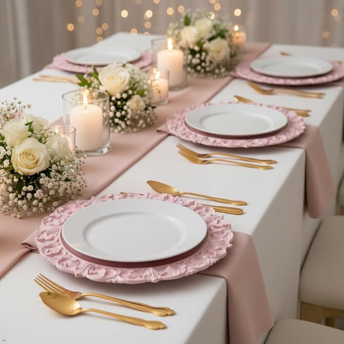 13" Pink Charger Plates, Set of 6 Plastic Textured Chargers for Dinner Plates with Embossed Rim, Table Décor, Party, Wedding, Holiday