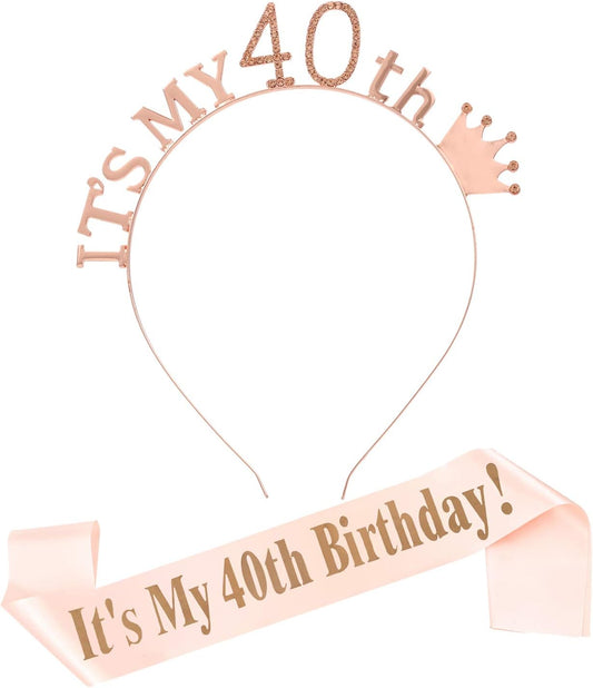 40th Birthday Girl Sash Crown， 40th Birthday Headpiece Sash for Women, Rhinestone Headbands for Party Decorate