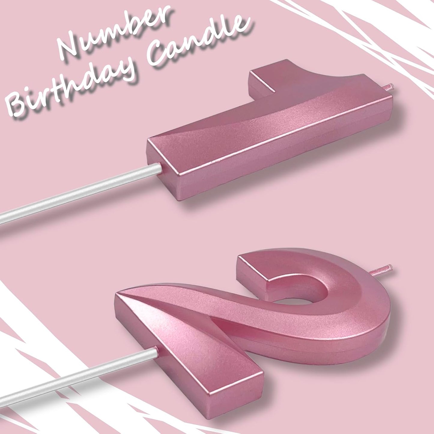 Pink Number 12 Candles, 3D Diamond 2.76 Inch Cake Topper Birthday Candles for Wedding Anniversary Cake Decorations, Happy Birthday Party Decorations