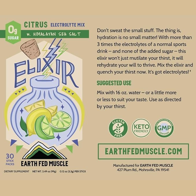 Earth Fed Muscle Elixir Citrus Electrolytes Powder Packets – Sugar-Free Electrolytes, Gluten Free, Zero Calorie Hydration Drink Mix with Himalayan Salt, 3X Electrolytes - 30 Sticks