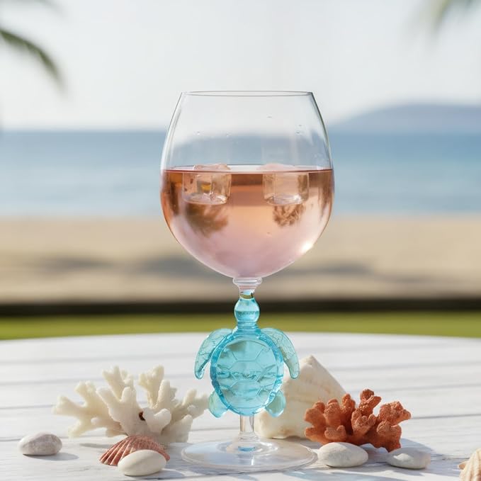 Supreme Housewares Sea Turtle Stem Wine Glasses, Blue Sea Turtle-Shaped Reusable Shatterproof Acrylic Glass for Red or White Wine, Poolside, Outdoors, Parties, 20 oz, Set of 2