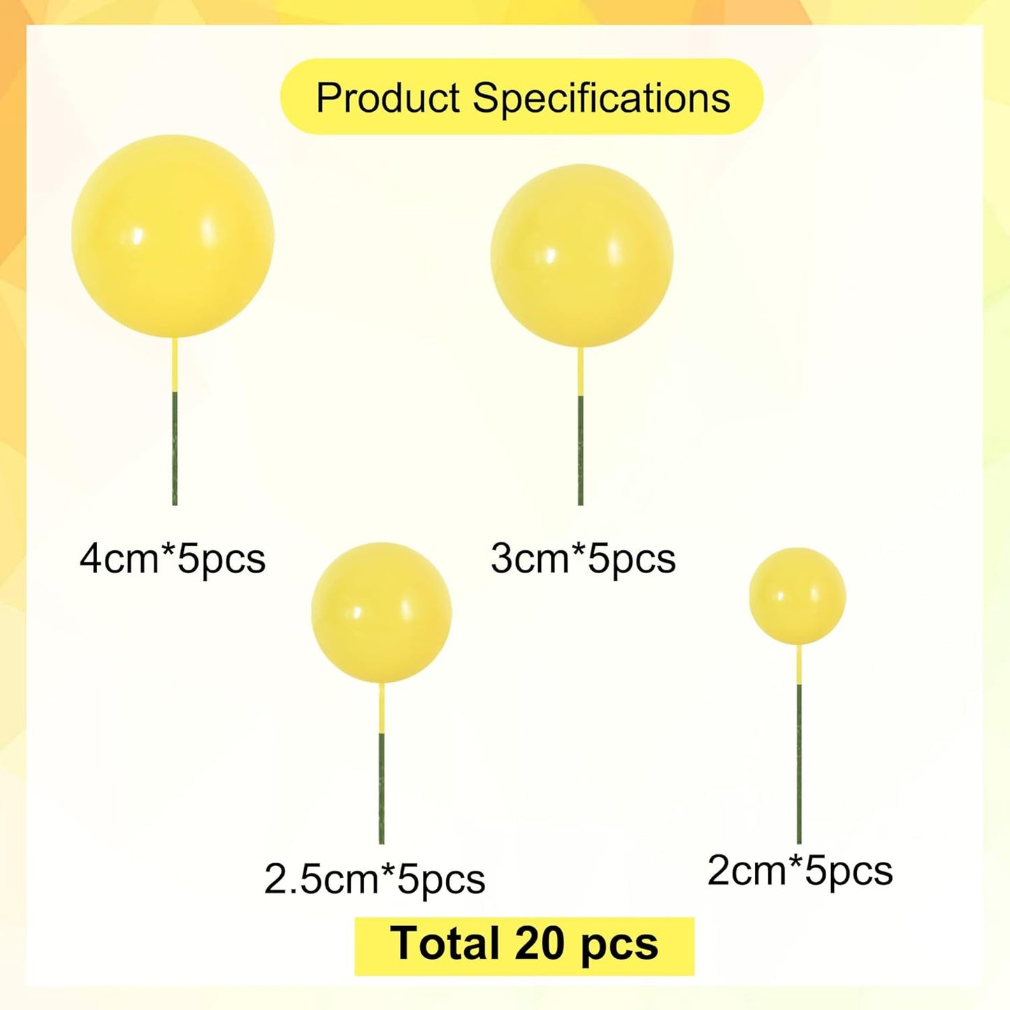 BEISHIDA 20 PCS Yellow Mini Ball Cake Toppers Foam Cake Balls Decoration Supplies for Happy Birthday Anniversary Wedding Baby Shower Fall Autumn Harvest Thanksgiving Cake Decorations
