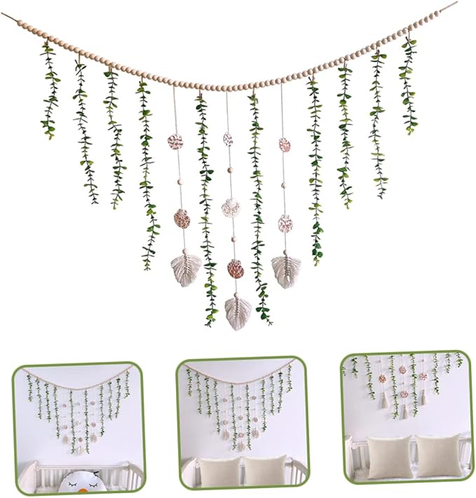 Wooden Bead Fake Vines Garland with Eucalyptus Leaves Shells Lightweight Wall Hanging Decor for Bedroom Living Party Versatile Home Decoration