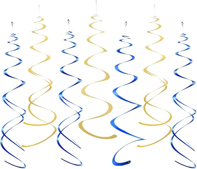 MOWO Gold and Royal Blue Foil Swirl Hanging Decoration for Birthday Graduation New Year Party Supplies,Pack of 20