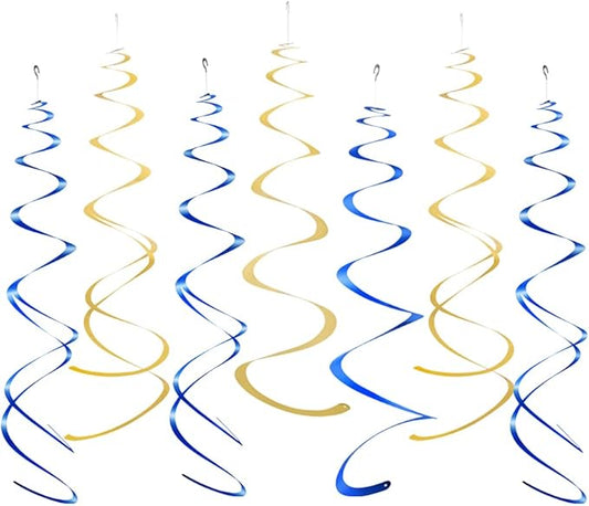 MOWO Gold and Royal Blue Foil Swirl Hanging Decoration for Birthday Graduation New Year Party Supplies,Pack of 20