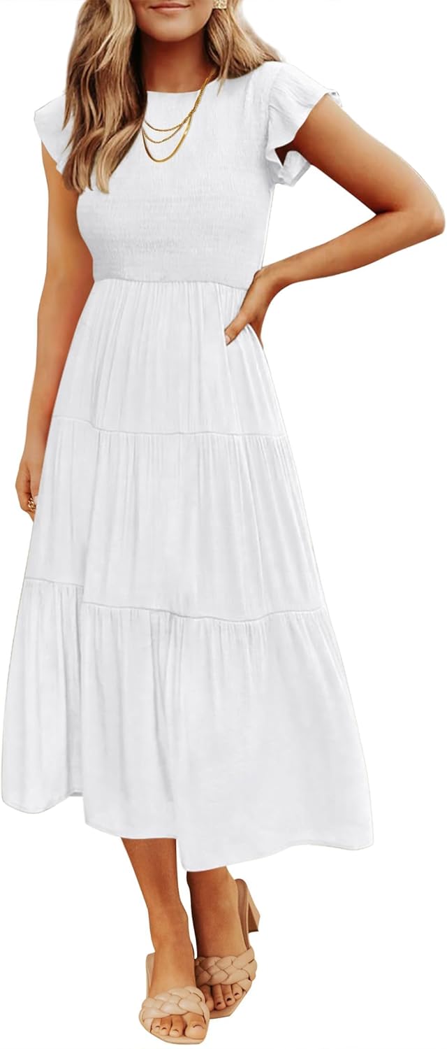 ZESICA Women's 2025 Summer Casual Flutter Short Sleeve Crew Neck Smocked Elastic Waist Tiered Midi Dress