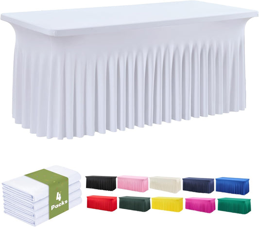 leegleri 4 Pack White Spandex Fitted Table Clothes for 5 Foot Rectangle Tables, Wrinkle Free 5ft Spandex Table Cover with Skir-for Banquet Weddings Parties