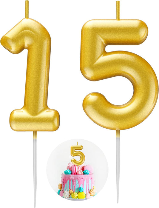 Gold Number 15 Candle Happy Birthday 3D Number Candles for Birthday Cake Party Decoration Wedding Anniversary Celebration Supplies
