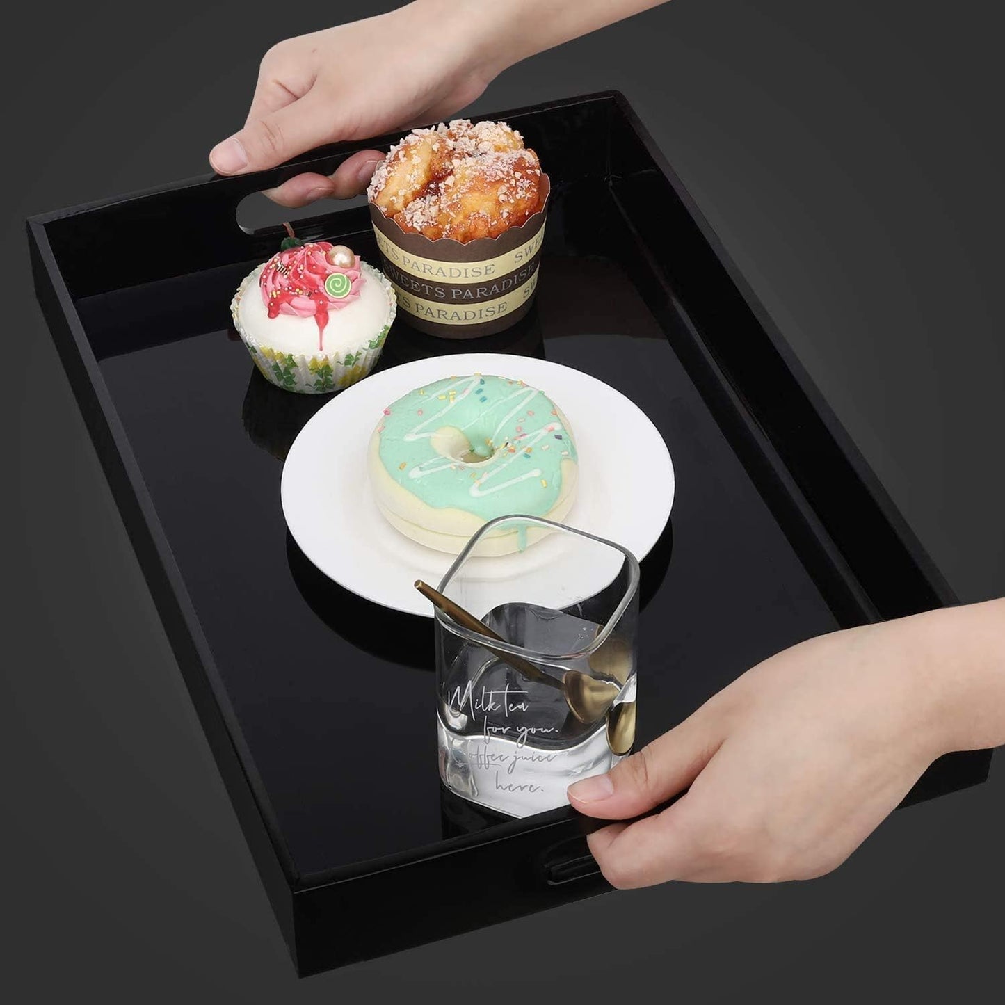 Durable Rectangular Breakfast Serving Tray - 5MM Thick Waterproof Acrylic Serving Platter with Handles for Coffee, Tea, Food - Elegant Decorative Tray (Black Tray-16''x12'')
