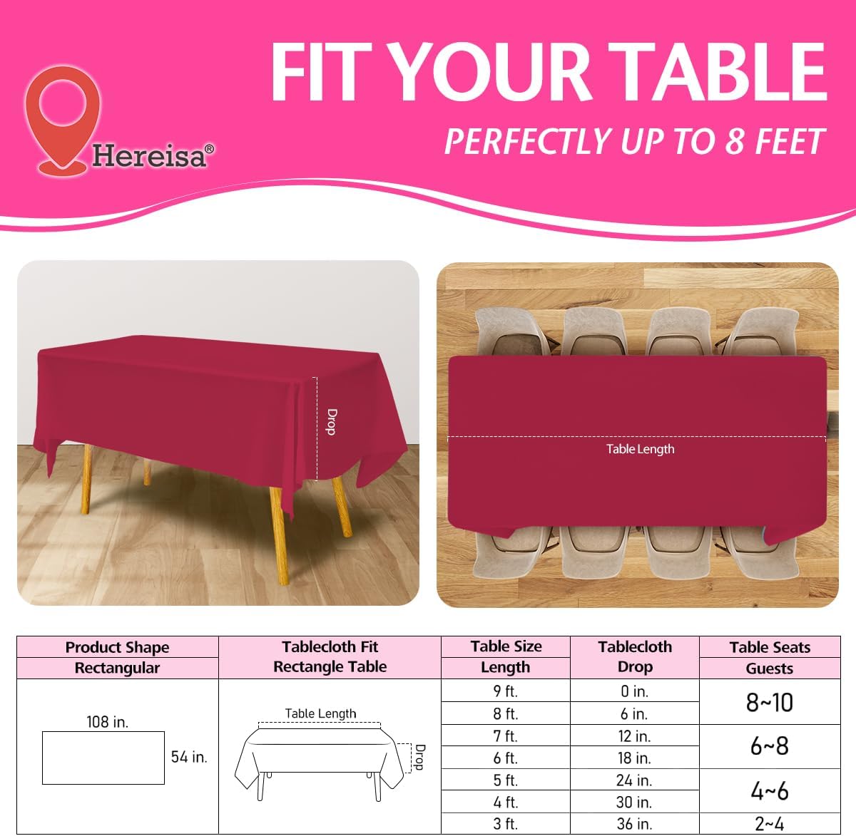 Disposable Plastic Tablecloth Red 54x108 Inch, 5-Pack Waterproof Rectangular Table Cover for Parties, Picnics, Dining Protection