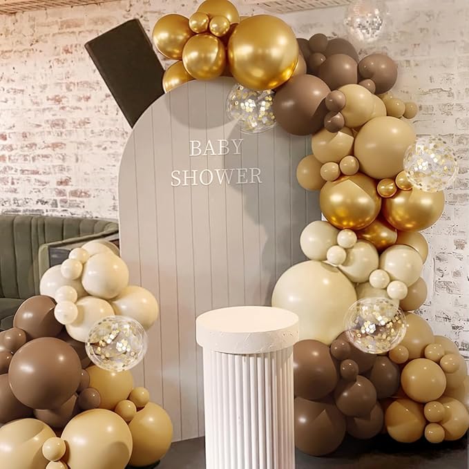 Brown Balloon Garland Arch Kit, 167Pcs Latex Balloons Different Sizes Dark Brown Camel Sand White Metallic Gold for Neutral Bear Baby Shower Safari Birthday Party Decorations