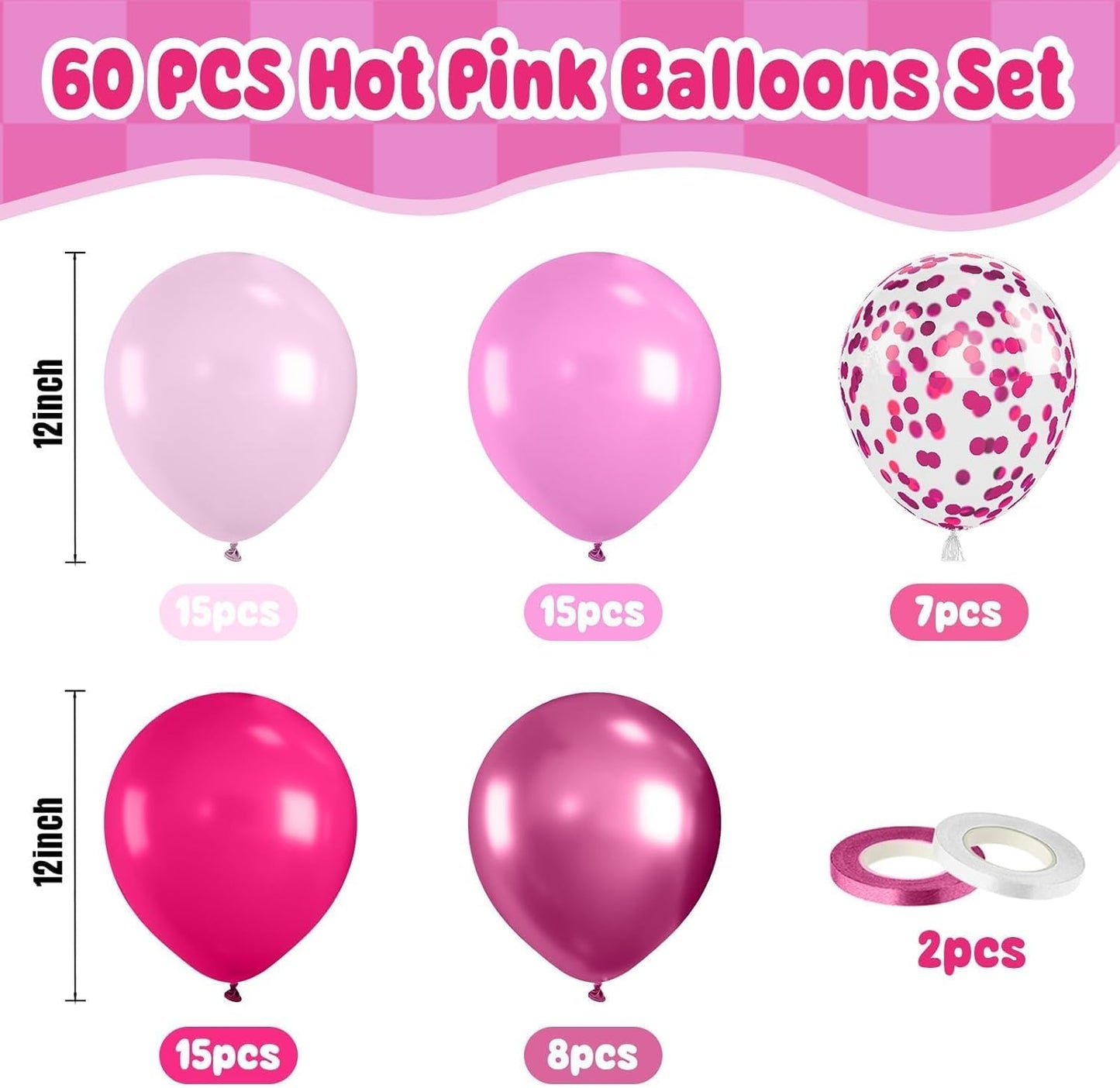 Paready Hot Pink Balloons Set, 60Pcs Metallic Pink Balloon, 12Inch Confetti Pink Balloon Pastel Latex Balloons for Girls Birthday Baby Shower Princess Wedding Birthday Party Decorations