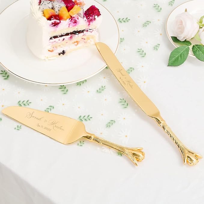 TUKDAK Cake Cutting Set for Wedding, Personalized Gold Cake Knife and Server Set, Custom Cake Serving Set, Engraved Pastry Pie Server Cake Pizza Cutter, Birthday Bridal Gift (CUS-Romance)