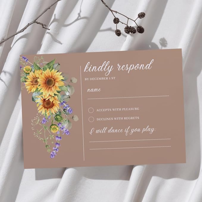 Preprinted Purple and Yellow Sunflower Wedding or Party RSVP Cards, Personalized Response Card Glossy Finish With White Envelopes, Set of 15 with Envelope, 5x3.5 inch Cards (Brown)