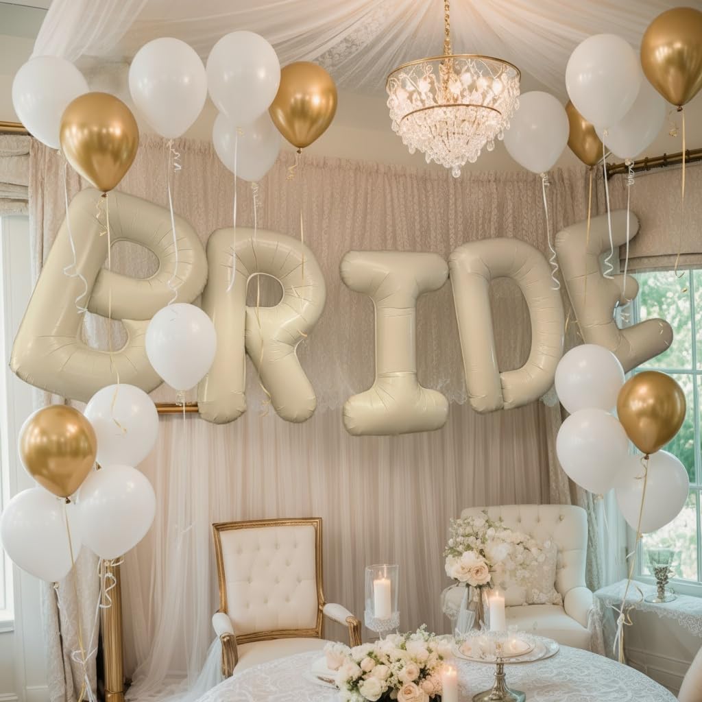 40Inch BRIDE Balloons- Metallic Gold Pearl White Balloons with Large Cream White BRIDE Foil Banner Letter Sign for Wedding Bridal Shower Engagement Bachelorette Party Decorations