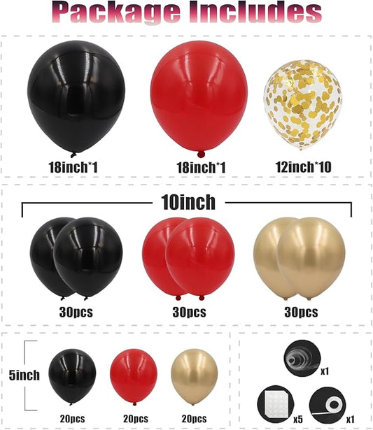 Red Black and Gold Balloons Arch Kit, 162pcs Different Sizes with Black Red Chrome Gold Confetti Balloons for Graduation Prom Movie Night Vegas Casino Hollywood Theme Party Decorations