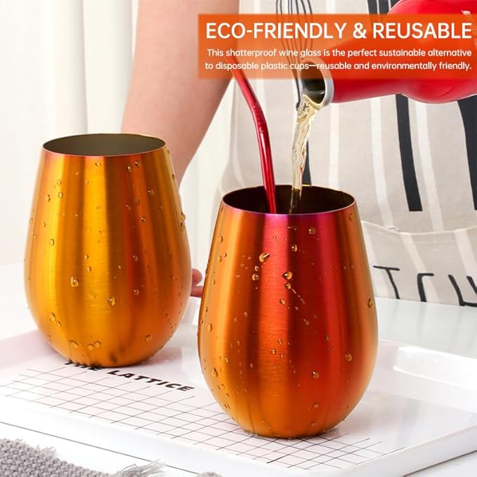 Buyer Star 304 Stainless Steel Wine Glasses Set of 2 - Large 17 oz Outdoor Stemless Wine Tumblers - 100% Unbreakable & Stemless Metal Drinking Cups for Home and Outdoors Dishwasher safe (Orange Red)