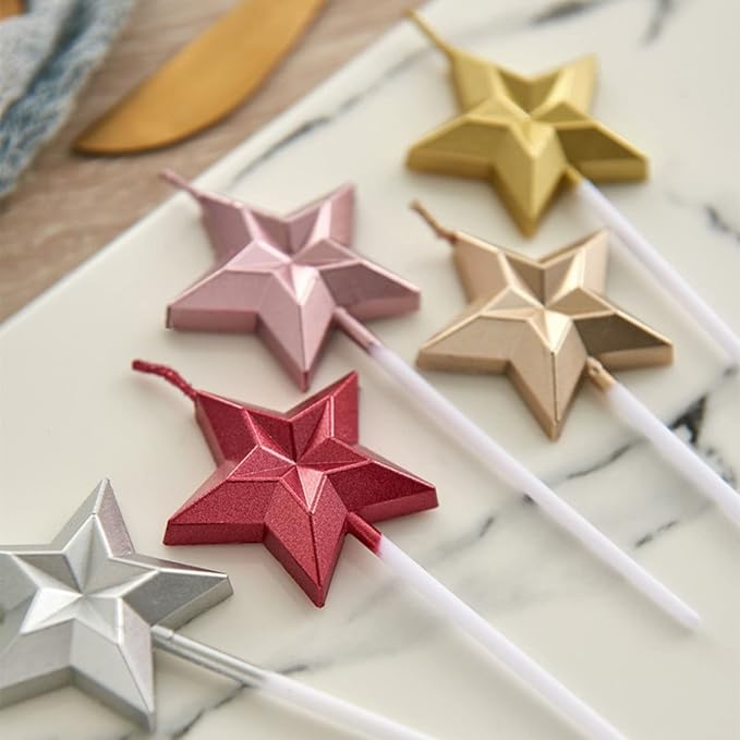 Saododku Birthday Candles, Star Shaped Red Birthday Candles for Cake, 5pcs Metallic Color Stereo Shaping Cake Candles Set, Sparkler Candles for Birthday Cake Party
