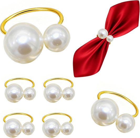 Gold Pearl Napkin Rings Set of 6 for Christmas New Year Candlelight Dinner Decor,Elegant Napkin Ring Holders for Wedding Reception Anniversary Family Gatherings Daily Table Setting