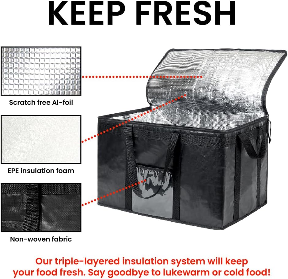 Durable 3XL PRO Insulated Cooler Bag and Food Warmer for Delivery & Grocery Shopping with Zippered Top, Gray Commercial Grade (1 Pack)