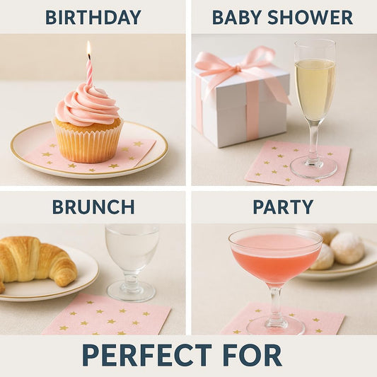 100 Pink Cocktail Napkins with Gold Foil Stars - Elegant 2- Ply Disposable Beverage Napkins for Weddings, Birthdays, Baby Showers, Bridal Parties & Events