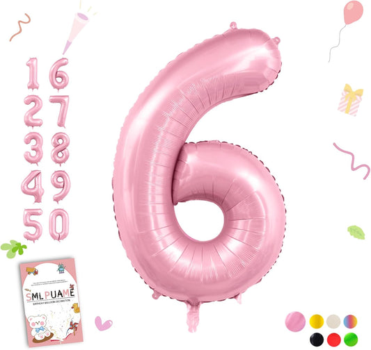 Smlpuame Pastel Pink 6 Balloons, 40 Inch Large Light Pink Foil Number Balloons 0-10, Self-Sealing 6th Birthday Balloon for Girls Women Anniversary Baby Shower Princess Party Decorations Supplies