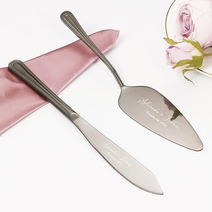 Cake Cutting Set for Wedding, Personalized Wedding Cake Knife and Server Set, Vintage Engraved 2-Piece Pie Pizza Cutter Serving Set, Custom Bridal Anniversary Birthday Quinceañera Gift(Black)