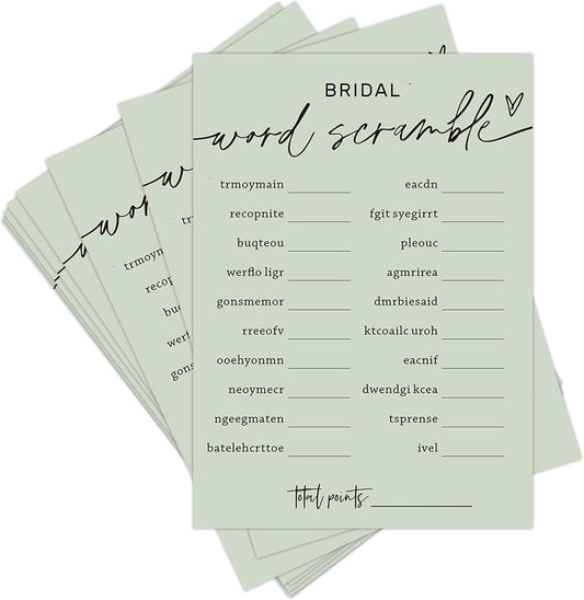 Bridal Shower Games, Bridal Word Scramble, 25Pcs Minimalist Sage Green Bridal Game Cards with 1 Answer Card, Wedding Shower Games for Guests, Engagement Bachelorette Party Supplies