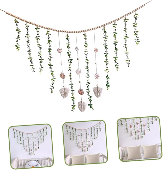 Wooden Bead Hanging Garland with Simulated Eucalyptus Leaves and Shells Lightweight Pastoral Wall Decor for Home Party Window Bedpost Shelf Photo Prop Boho Rustic Style