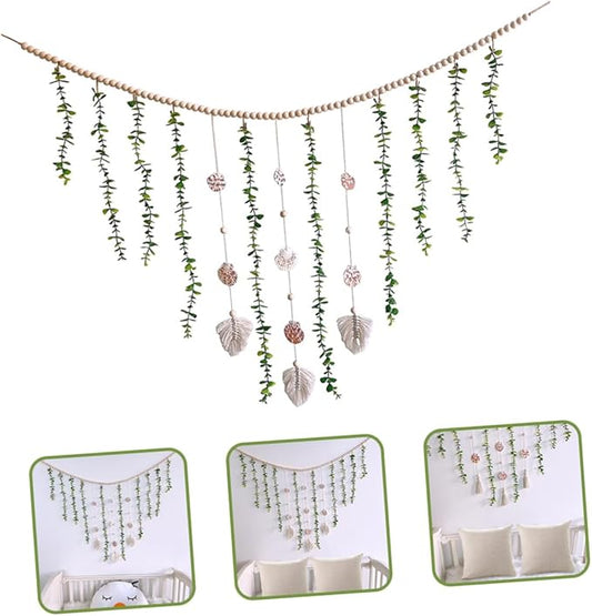 Wooden Bead Hanging Garland with Simulated Eucalyptus Leaves and Shells Lightweight Pastoral Wall Decor for Home Party Window Bedpost Shelf Photo Prop Boho Rustic Style