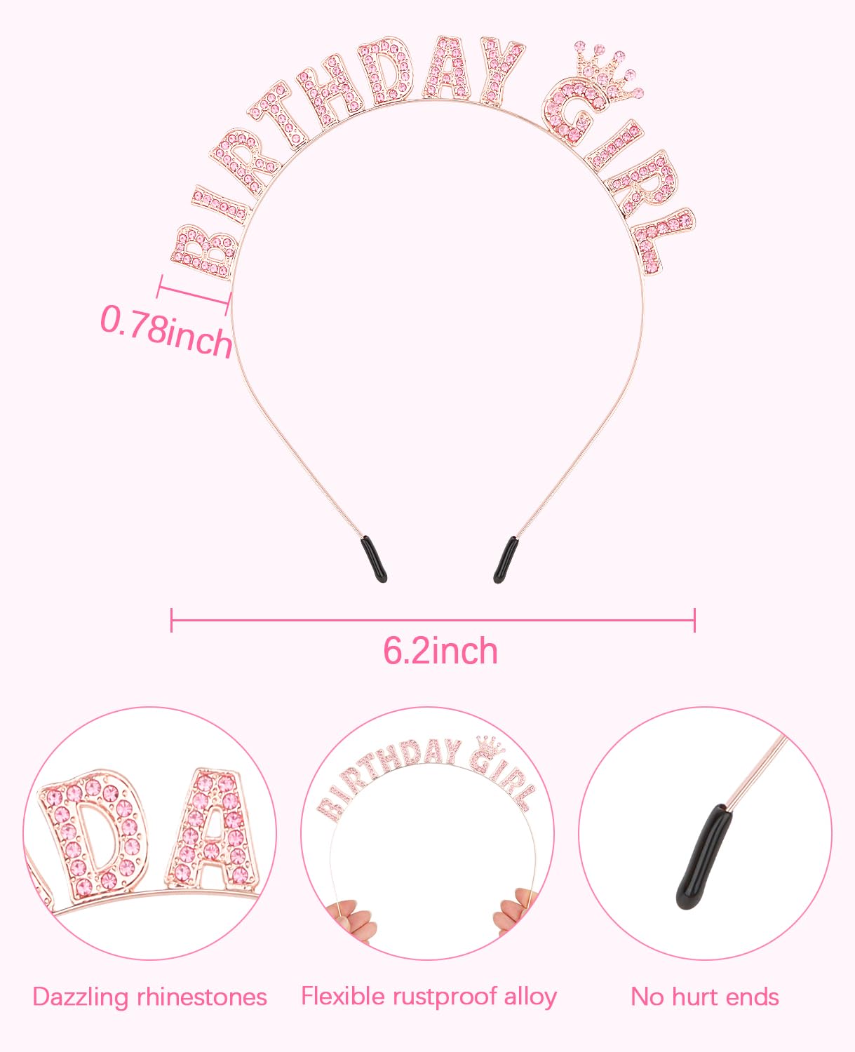 Wecoe Rose Gold Birthday Girl Headband - Sparkling Rhinestone Tiara Crown Hair Accessories for Women Girls - Happy Birthday Party Decorations, Princess Birthday Gift Idea