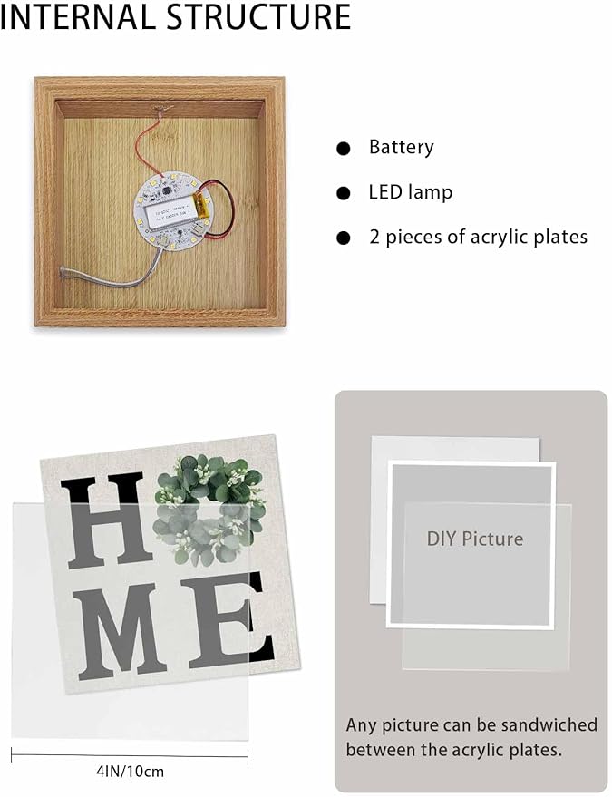 Wood Night Light Box 4.5x4.5in,Home Green Eucalyptus Leaves Garland Table Lights Wooden Picture Frame with USB Rechargeable Touch LED Lights for Home Decor Desktop Display,Retro Linen
