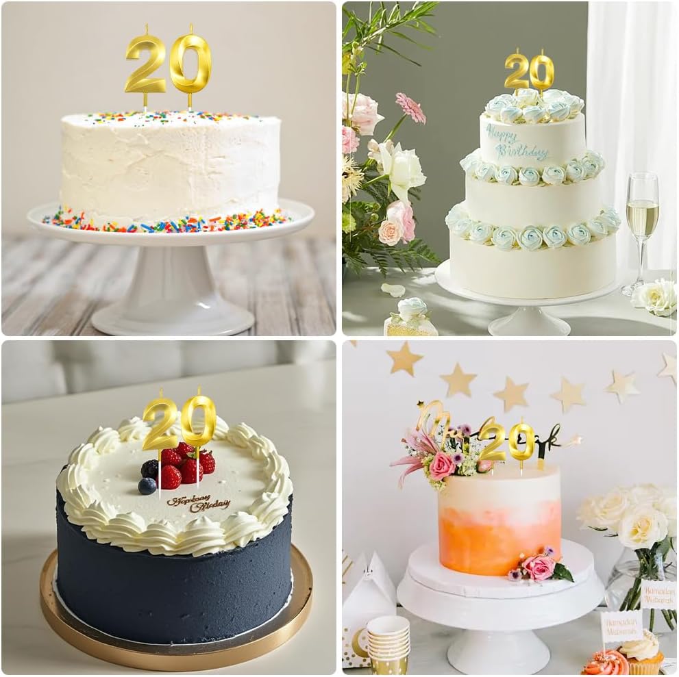 20th Birthday Cake Topper, Gold 20 Birthday Candle, 2 0 Candles 20th Birthday Cupcake Party Favor Happy Birthday Party Decorations Birthday Candle for Cake Sparklers Birthday Gifts