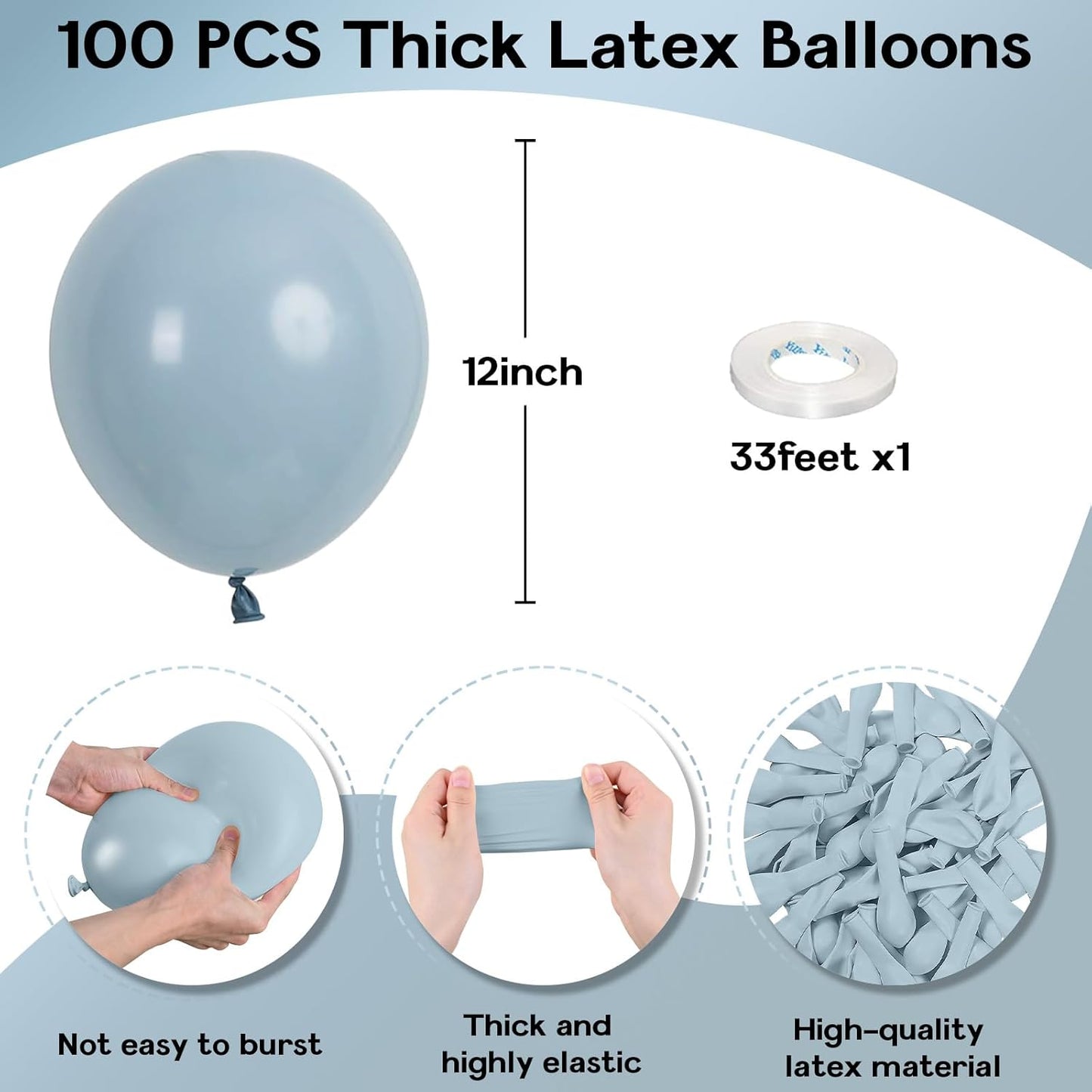Blue Balloons - 12 Inch, 100 Pack Muted Dusty Blue Latex Balloons for Birthday, Boho Baby Shower, Bachelorette Party Decorations