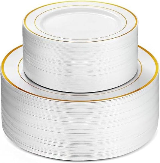 Neatiffy100 Pcs Gold Rim Plastic Dinnerware Set (50 Guest) | 50 x (Dinner Plate, Dessert Plate) | For Wedding, Luxurious Party, Special Event