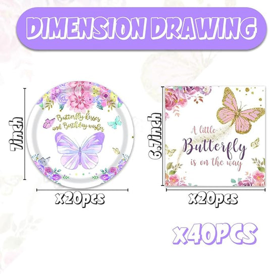 40pcs Butterfly Birthday Decorations Butterfly Tableware Paper Plates and Napkins for Girls Birthday Party Baby Shower