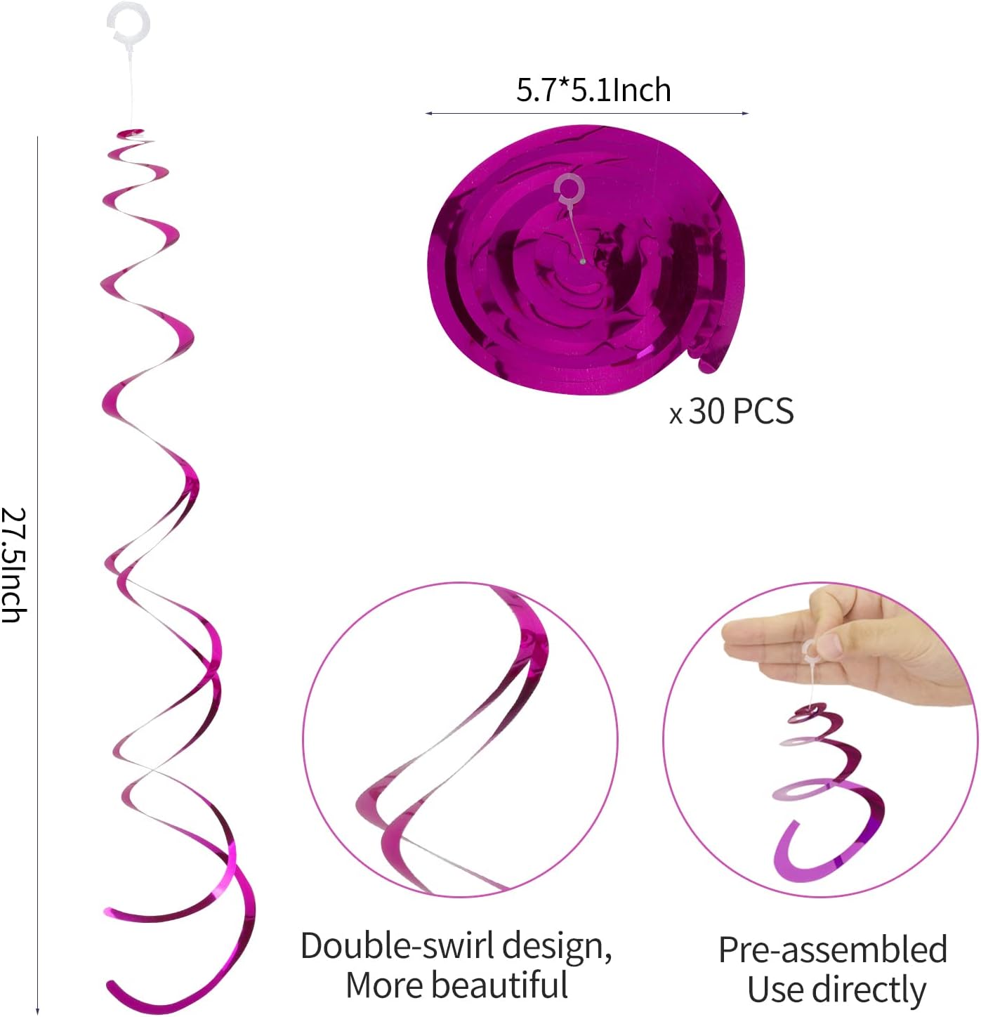 30 Pieces Hot Pink Party Hanging Swirl Decoraions Foil Swirl Hanging Decoration Plastic Streamers Ceiling Decorations Wedding Baby Shower Birthday Party Favors