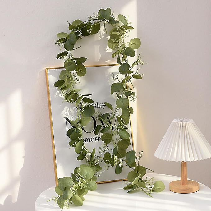 2 Pcs 5.9 Ft Artificial Eucalyptus Flowers Garland, Eucalyptus Leaves Decor for Home Decoration Artificial Vine for Mantle Office Party Wedding Arch Decor (2)